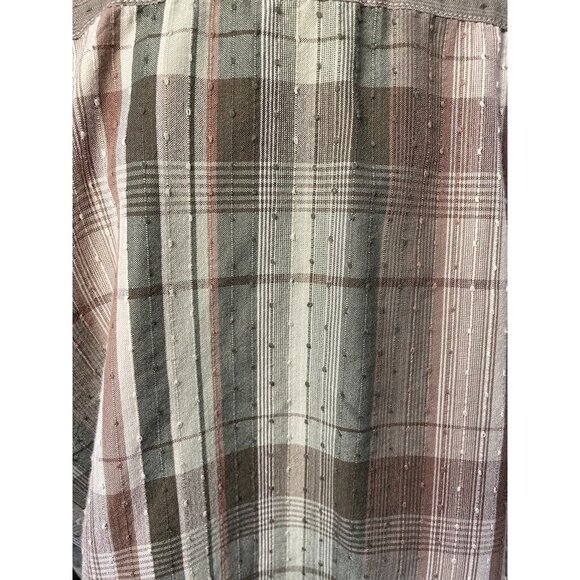 Vintage 90s Dressbarn Plaid Blouse L - Textured Green & Brown 3/4 Roll Sleeve - Picture 5 of 6